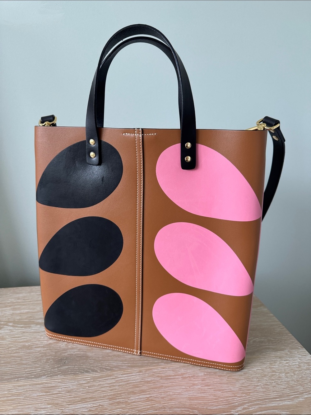 Orla Kiely Leather Tote with Pink & Black Teardrop Motifs - Rare